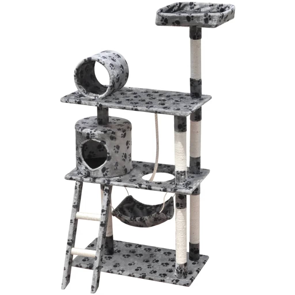 Katzen-Kratzbaum 140 cm 1 Haus Grau mit Pfoten-Aufdruck kaufen