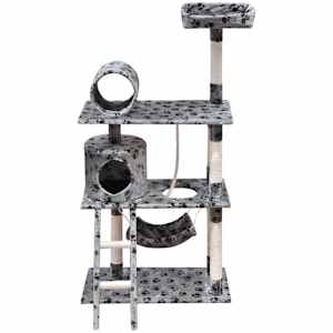 Drapak dla kota z 1 domkiem 140 cm szary z nadrukiem w kocie łapki