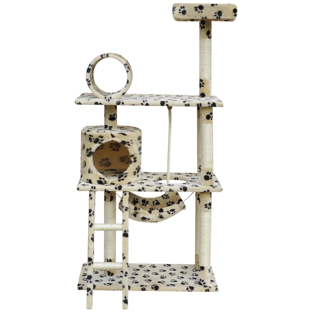 Cat Tree Scratching Post 140 cm 1 House Beige with Paw Prints