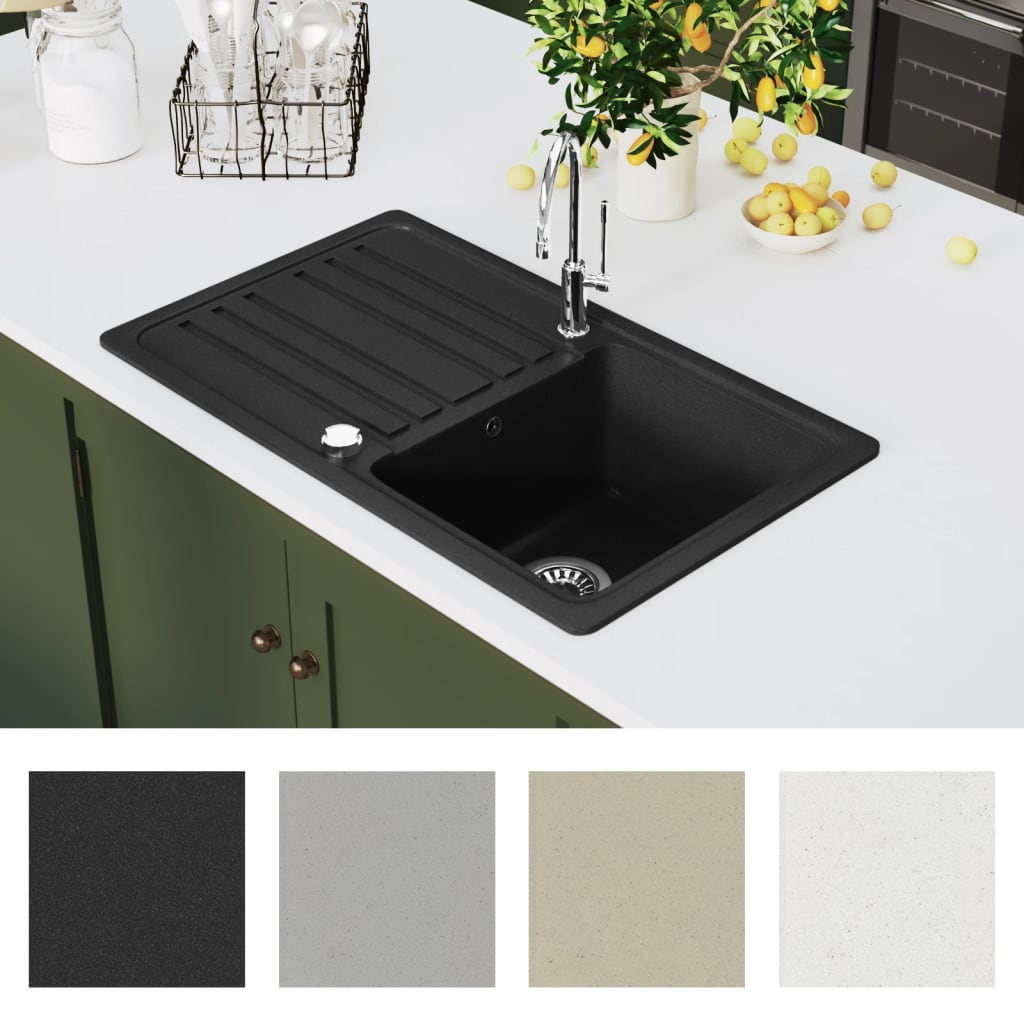 vidaXL Chiuvetă bucătărie granit, bazin unic cu scurgere reversibilă, negru