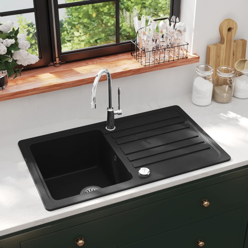 #3 - vidaXL køkkenvask i granit med afløbsbakke reversibel sort