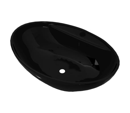 Ceramic Bathroom Sink Basin Faucet/Overflow Hole Black Oval | vidaXL.com.au