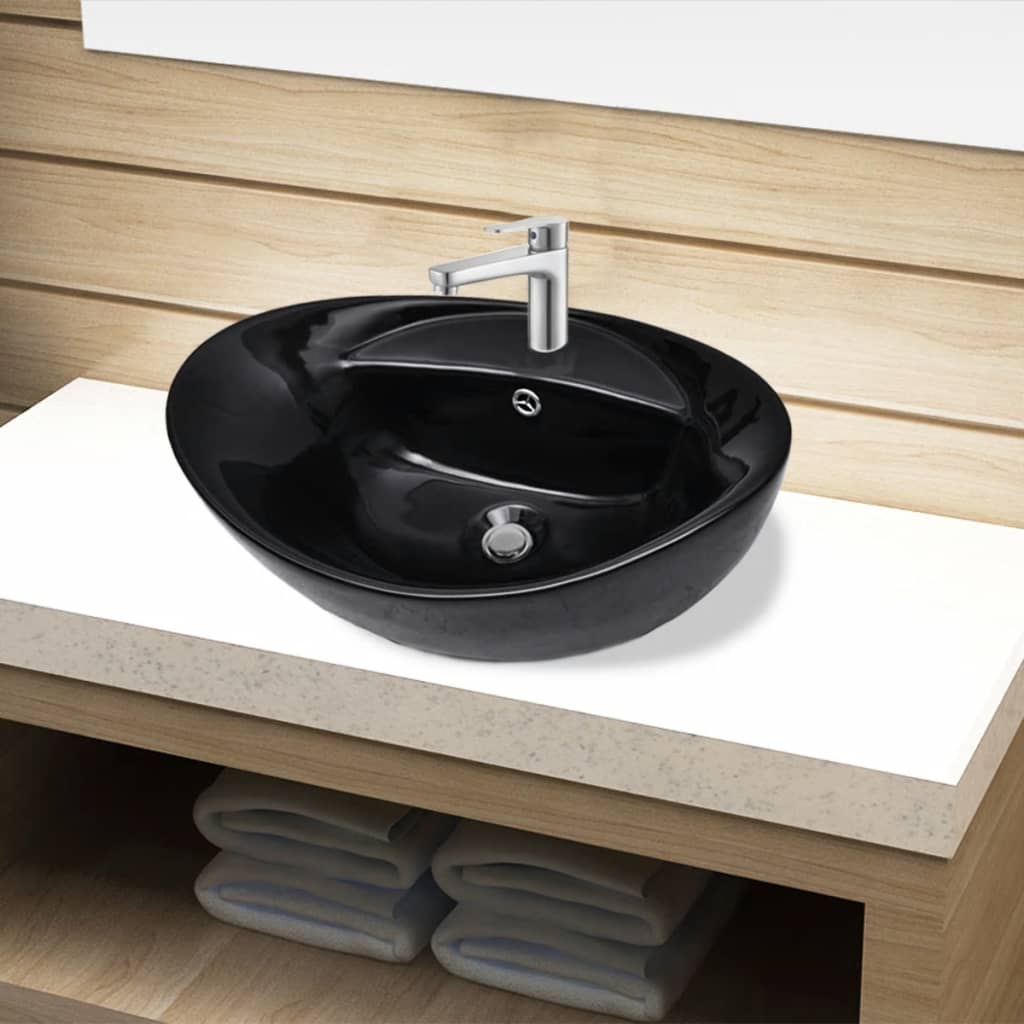 Bazin chiuvetă ceramică baie cu gaură robinet/preaplin, oval, negru vidaxl.ro