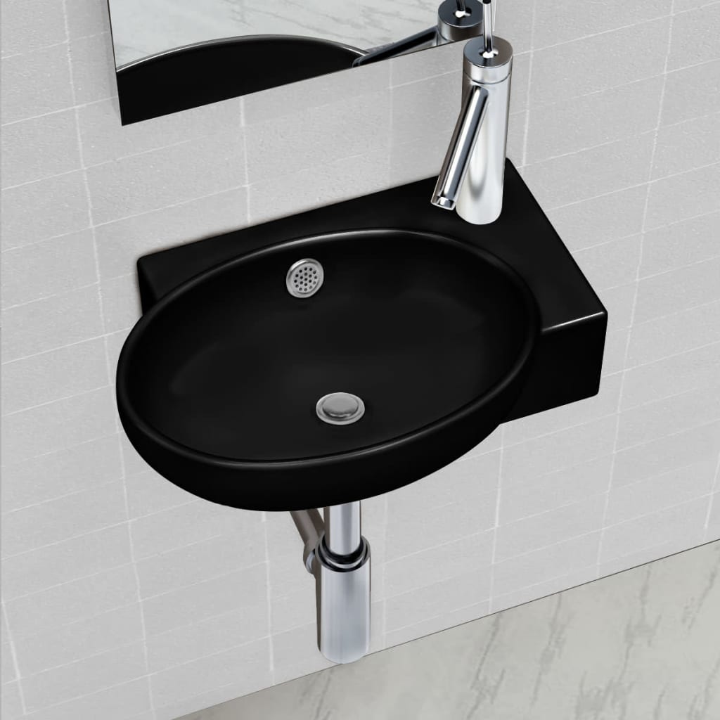 Chiuvetă baie orificiu robinet/preaplin, negru, ceramică, rotund vidaXL