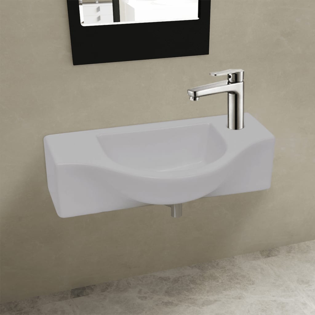 Chiuvetă de baie din ceramică, gaură pentru robinet și preaplin, alb vidaxl.ro