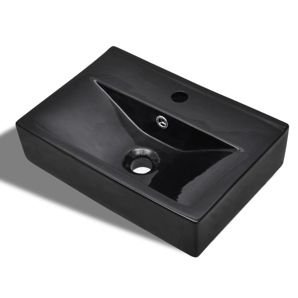 vidaXL Chiuvetă baie loc robinet/preaplin negru ceramic dreptunghiular