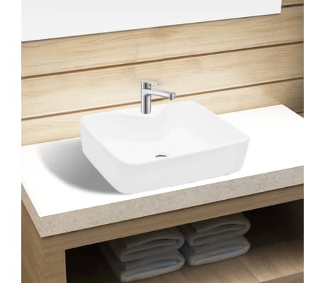 Ceramic Bathroom Sink Basin With Faucet Hole White Square