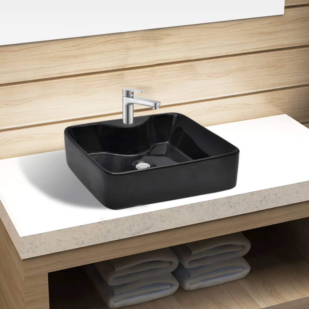 Chiuvetă de baie pătrată din ceramică cu gaură pentru robinet, negru vidaXL