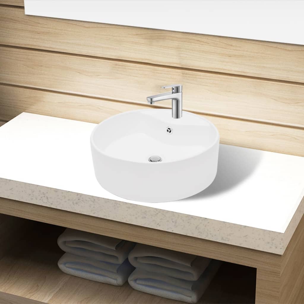 Bazin chiuvetă ceramică baie cu gaură robinet/preaplin, rotund, alb poza vidaxl.ro