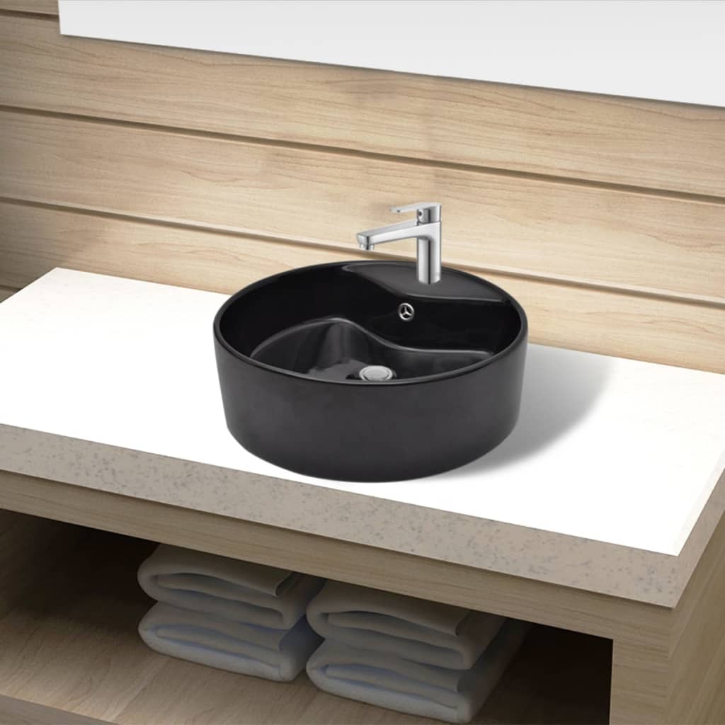 Håndvask i keramik t/badeværelse, hul til vandhane/overløb, sort, rund