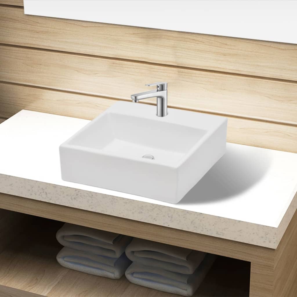 vidaXL Lavabo carré à trou pour robinet Céramique Blanc 