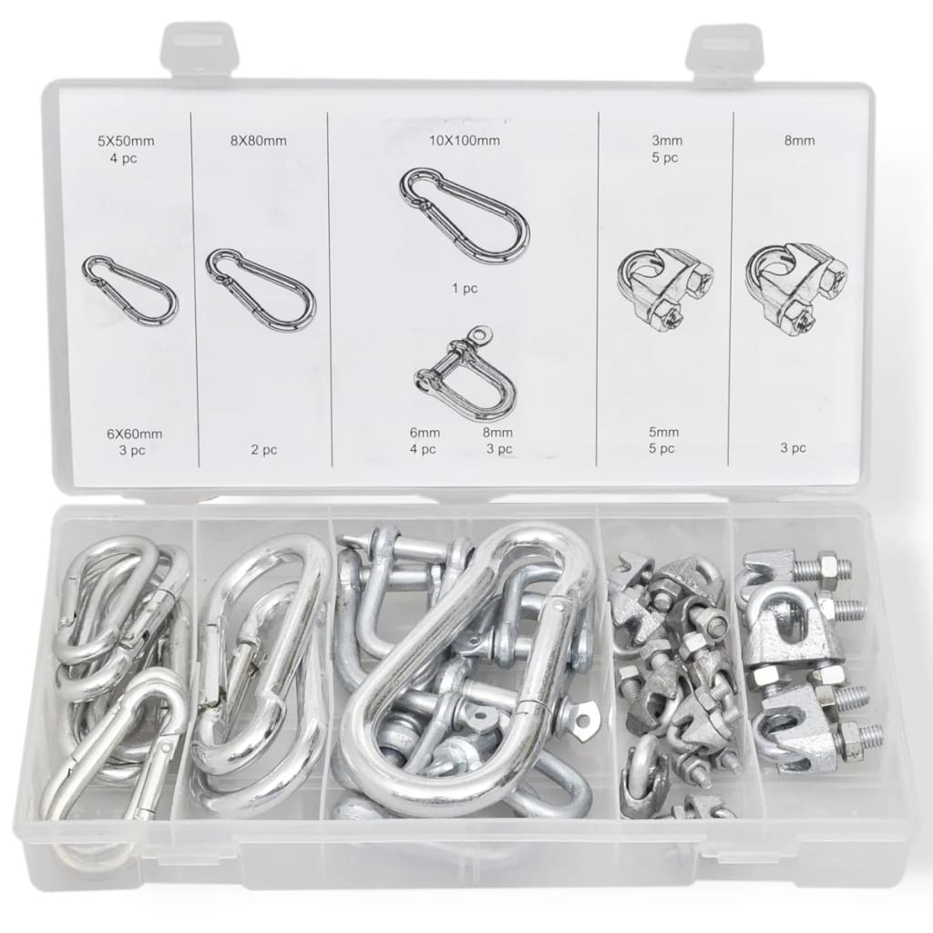 

vidaXL Assortiment karabijnhaken/D-sluitingen/staaldraadklemmen 30 st