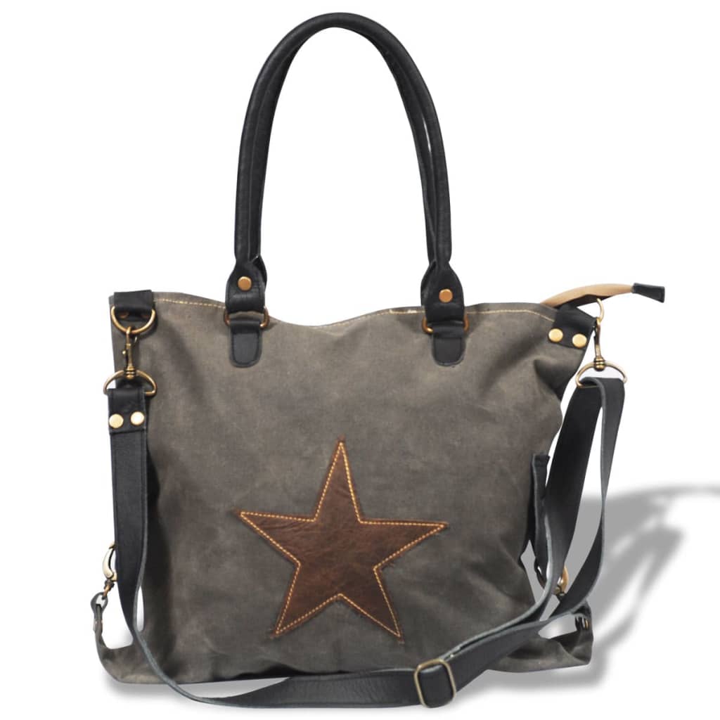 Canvas Real Leather Shopper Bag with Star Dark Grey