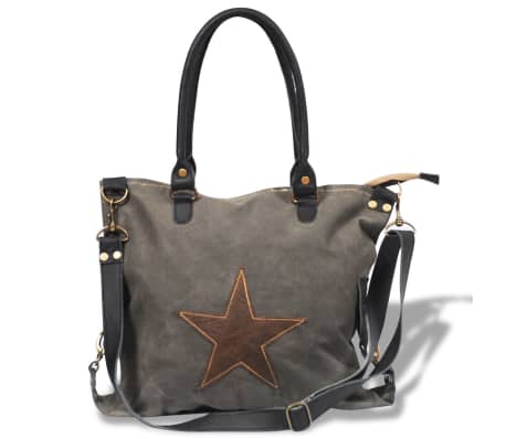 Canvas Real Leather Shopper Bag with Star Dark Grey