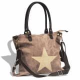 Canvas Real Leather Shopper Bag with Star Brown