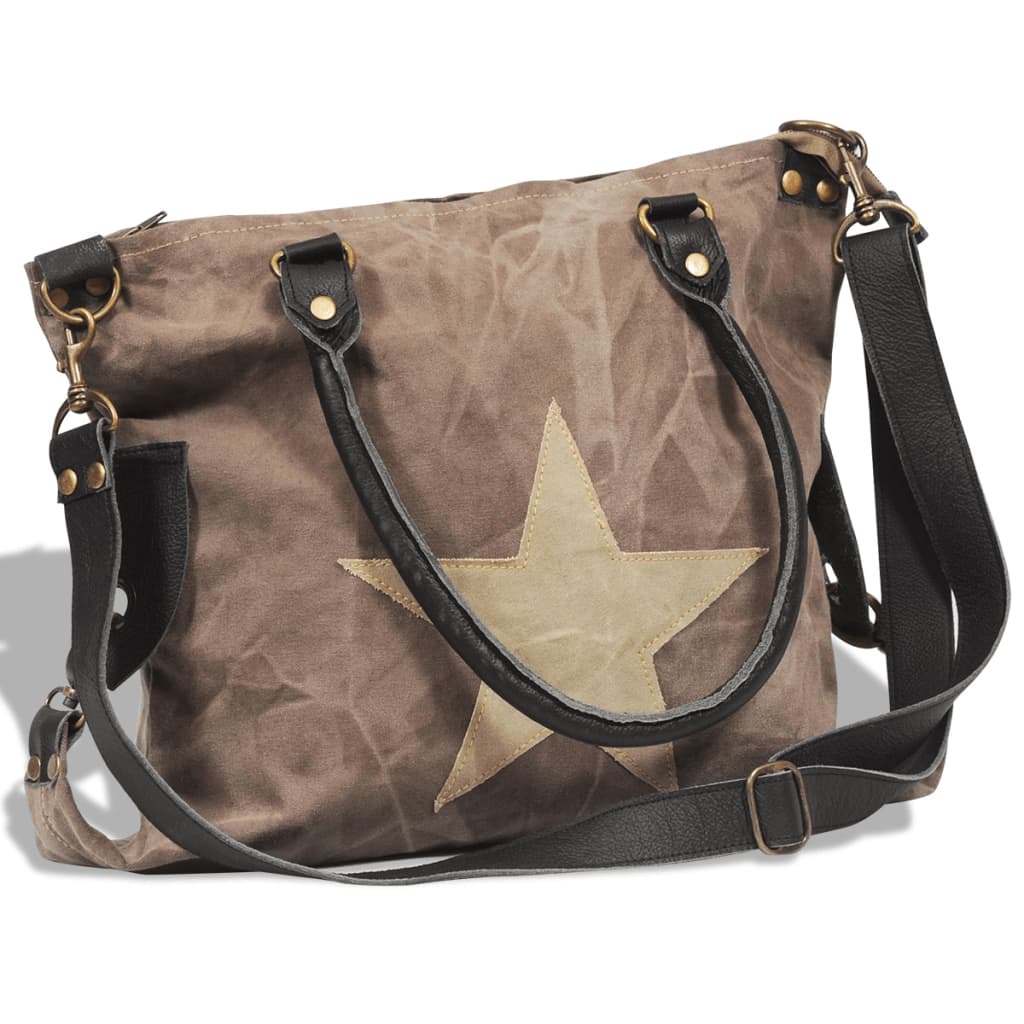 Canvas Real Leather Shopper Bag with Star Brown