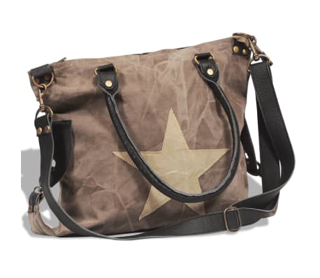 Canvas Real Leather Shopper Bag with Star Brown