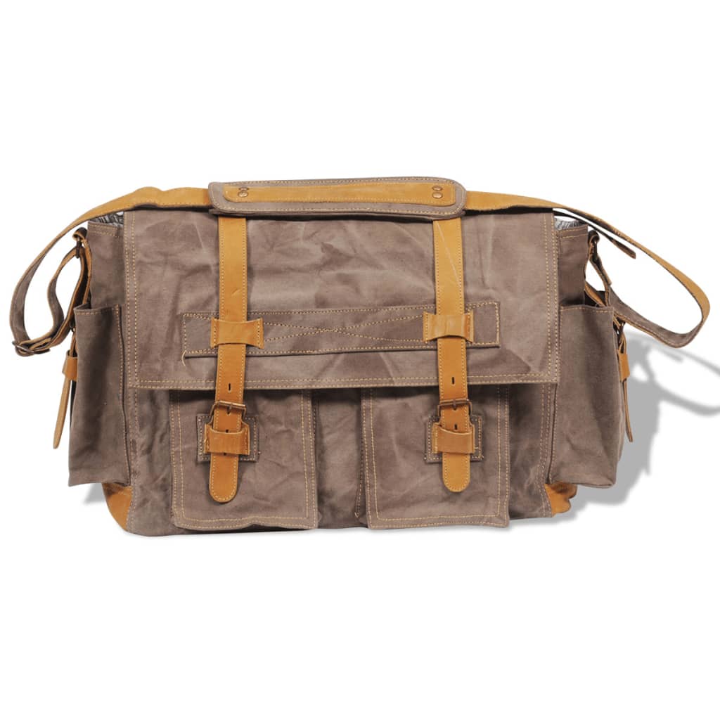 Skuldertaske/messengertaske i lærred/læder, brun