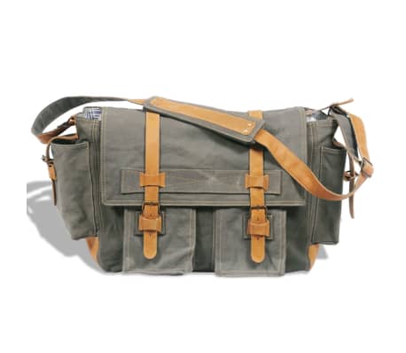 Canvas Echtleder Messenger Tasche Schultertasche olivgrün