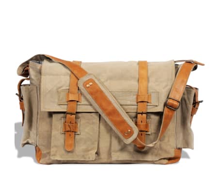 Canvas Echtleder Messenger Tasche Schultertasche Umhängetasche beige