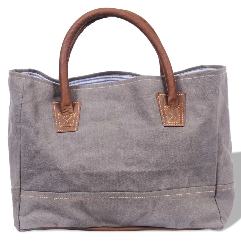 Canvas Real Leather Shopper Bag with Star Dark Grey