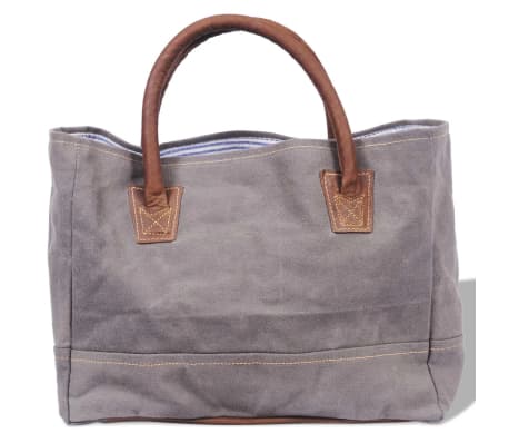 Canvas Real Leather Shopper Bag with Star Dark Grey