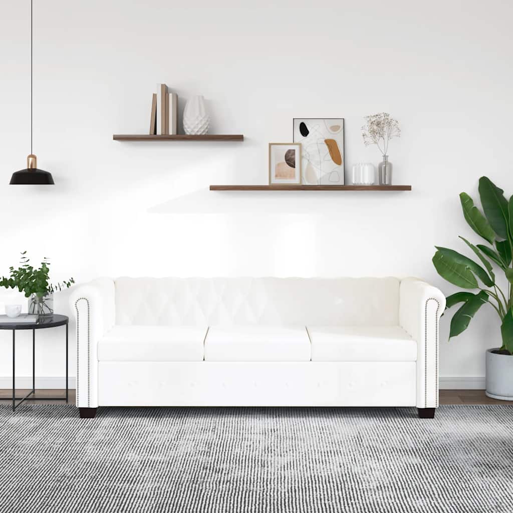 3-personers Chesterfield sofa kunstlæder hvid