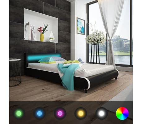 vidaXL gultas rāmis ar atvilktnēm, LED, melna mākslīgā āda, 140x200 cm