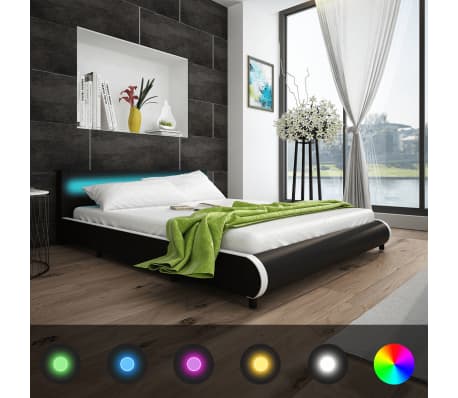 vidaXL gultas rāmis ar atvilktnēm, LED, melna mākslīgā āda, 180x200 cm