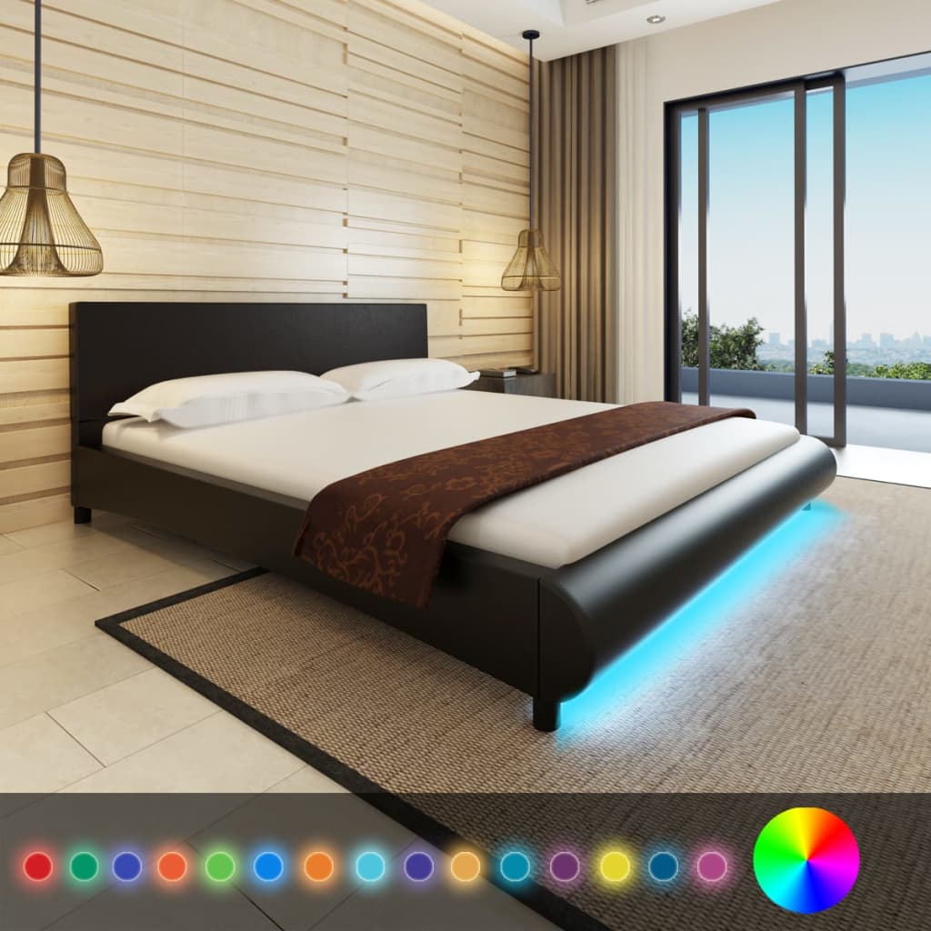 vidaXL Κρεβάτι LED Μαύρο 180 x 200 εκ. από Συνθετικό Δέρμα με Στρώμα