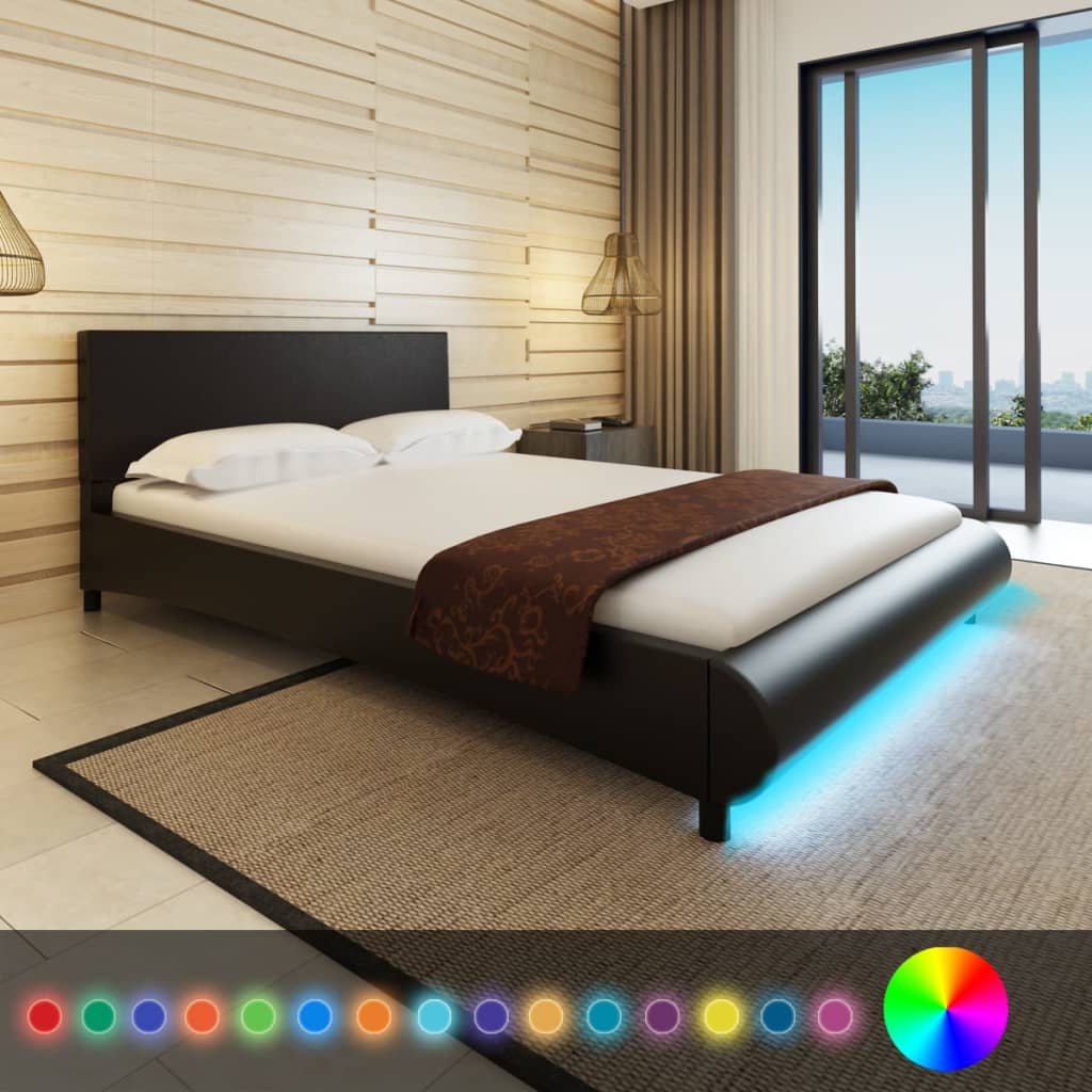 vidaXL Κρεβάτι με Ταινία LED Μαύρο 140 x 200 εκ. με Δερματίνη & Στρώμα Μνήμης