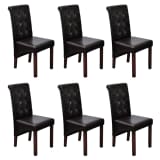 6 Scroll Back Artificial Leather Wooden Dining Chairs Dark Brown