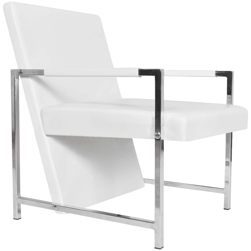 Armchair White Faux Leather, Wood, Chrome Medium Ergonomic