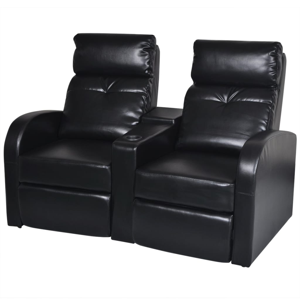 Recliner Sofa Black Artificial Leather, Wooden Frame 2-Seater