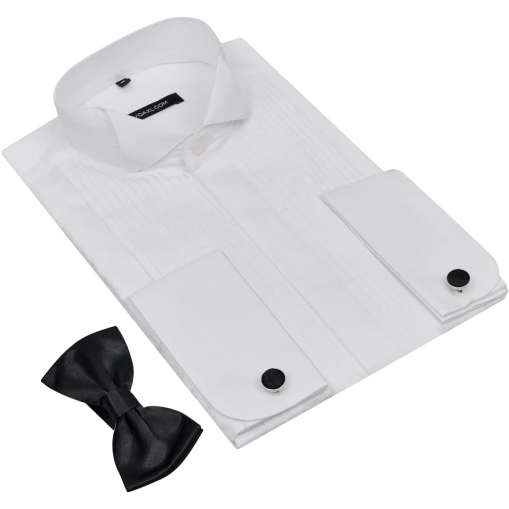 Men’s Pleated Smoking Shirt with Cufflinks and Bow Tie Size M White