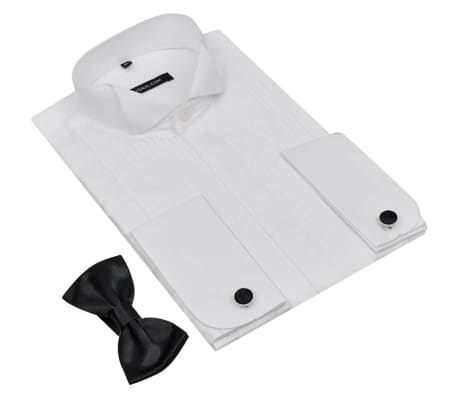 Men’s Pleated Smoking Shirt with Cufflinks and Bow Tie Size M White