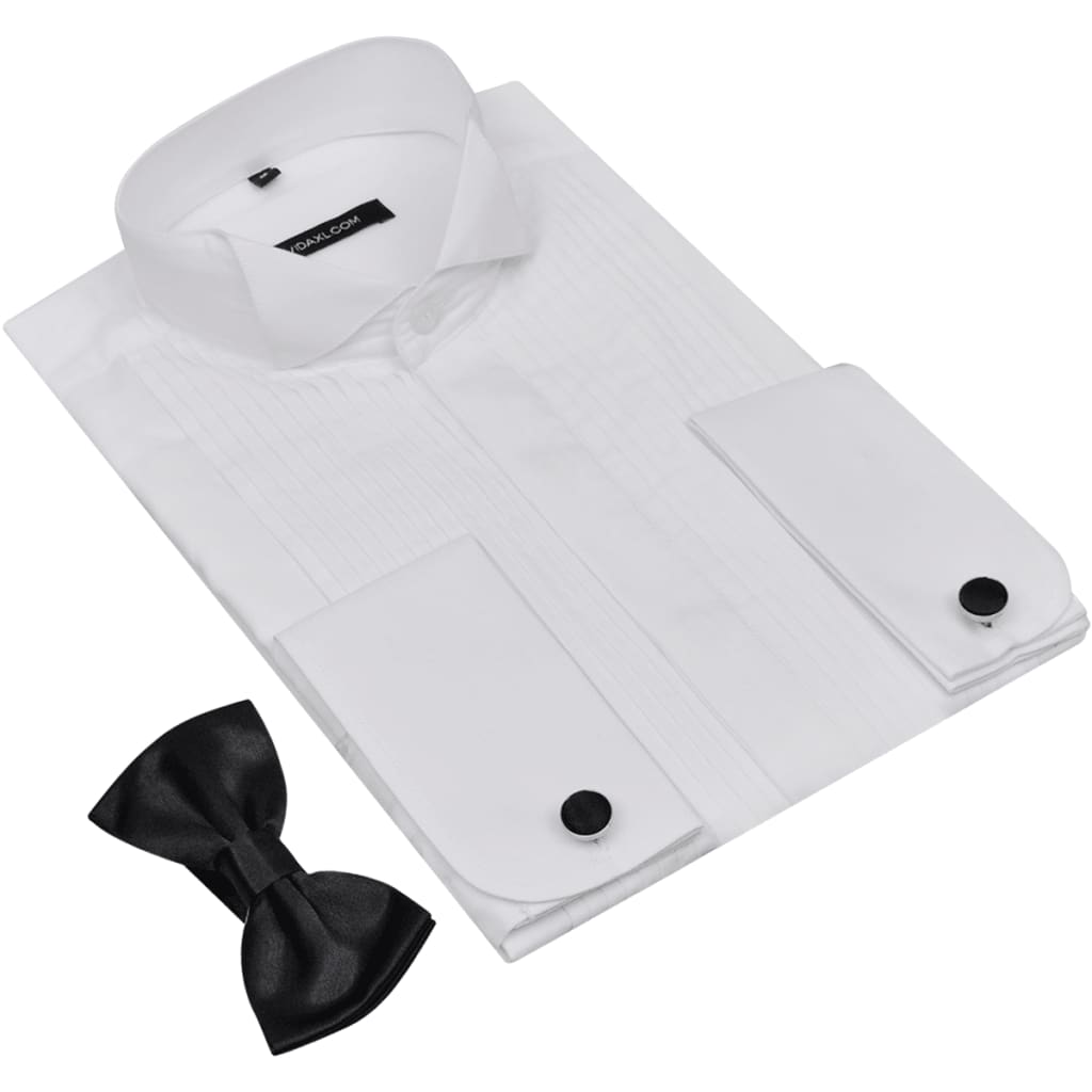 Men’s Pleated Smoking Shirt with Cufflinks and Bow Tie Size L White