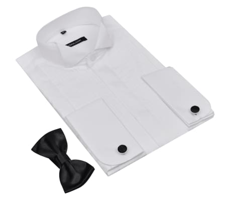 Men’s Pleated Smoking Shirt with Cufflinks and Bow Tie Size L White
