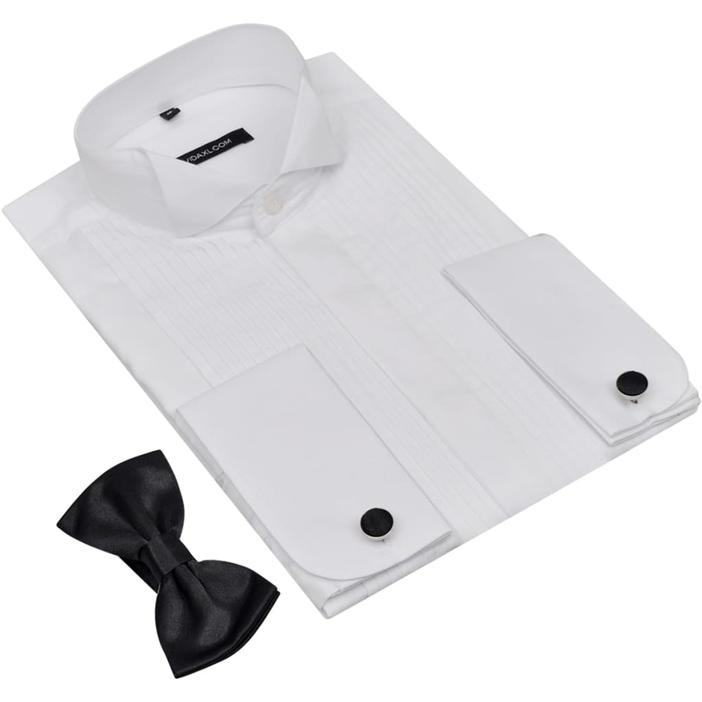 Men’s Pleated Smoking Shirt with Cufflinks and Bow Tie Size XL White