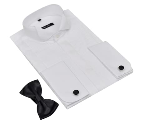 Men’s Pleated Smoking Shirt with Cufflinks and Bow Tie Size XL White