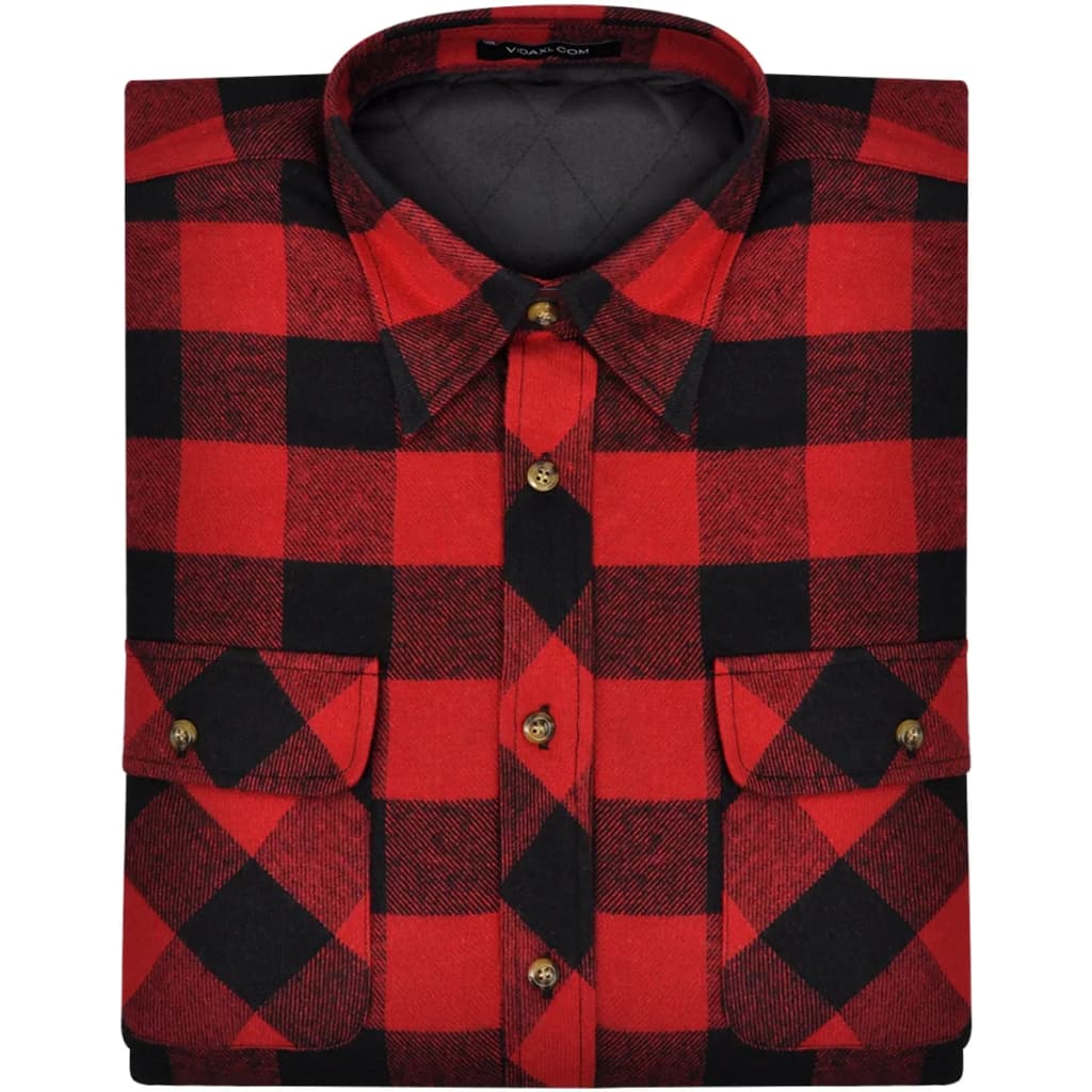 Men's Padded Plaid Flannel Work Shirt Red-Black Checkered Size M