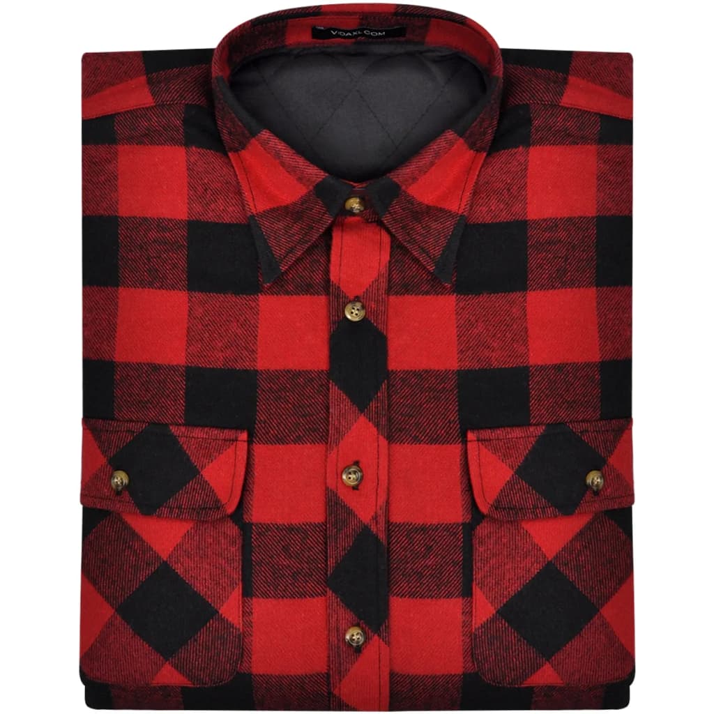 Men's Padded Plaid Flannel Work Shirt Red-Black Checkered Size L