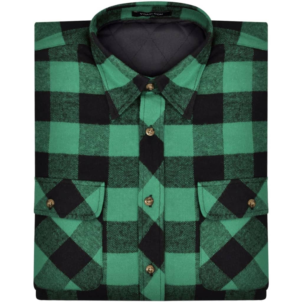 Men's Padded Plaid Flannel Work Shirt Green-Black Checkered Size L