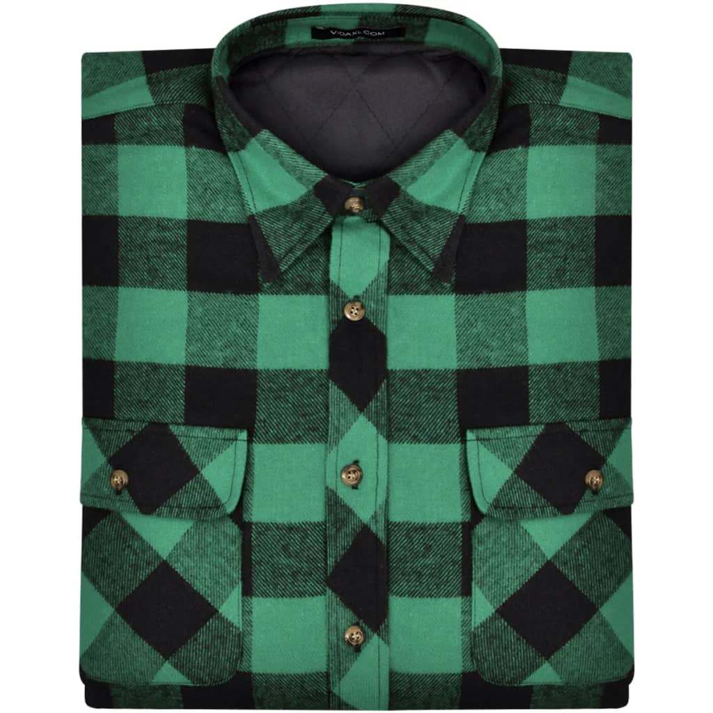 Men's Padded Plaid Flannel Work Shirt Green-Black Checkered Size XL