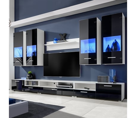 Wandkasten tv-unit zwart hoogglans met blauwe led-verlichting 8 st ... Wandkasten tv-unit zwart hoogglans met blauwe led-verlichting 8 st ...