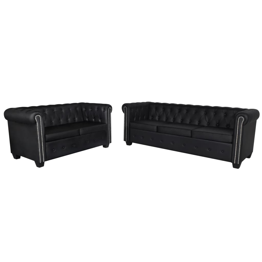 vidaXL Set de sofás Chesterfield de 2 y 3 plazas cuero artifical negro