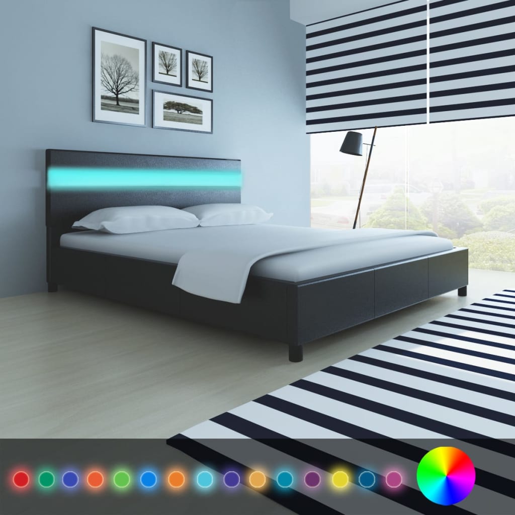 vidaXL Bed Frame with LED Black Faux Leather 150x200 cm 5FT King Size