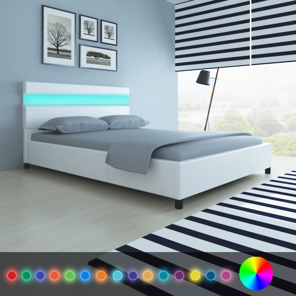 vidaXL Sängynrunko LED-valolla valkoinen keinonahka 135x190 cm