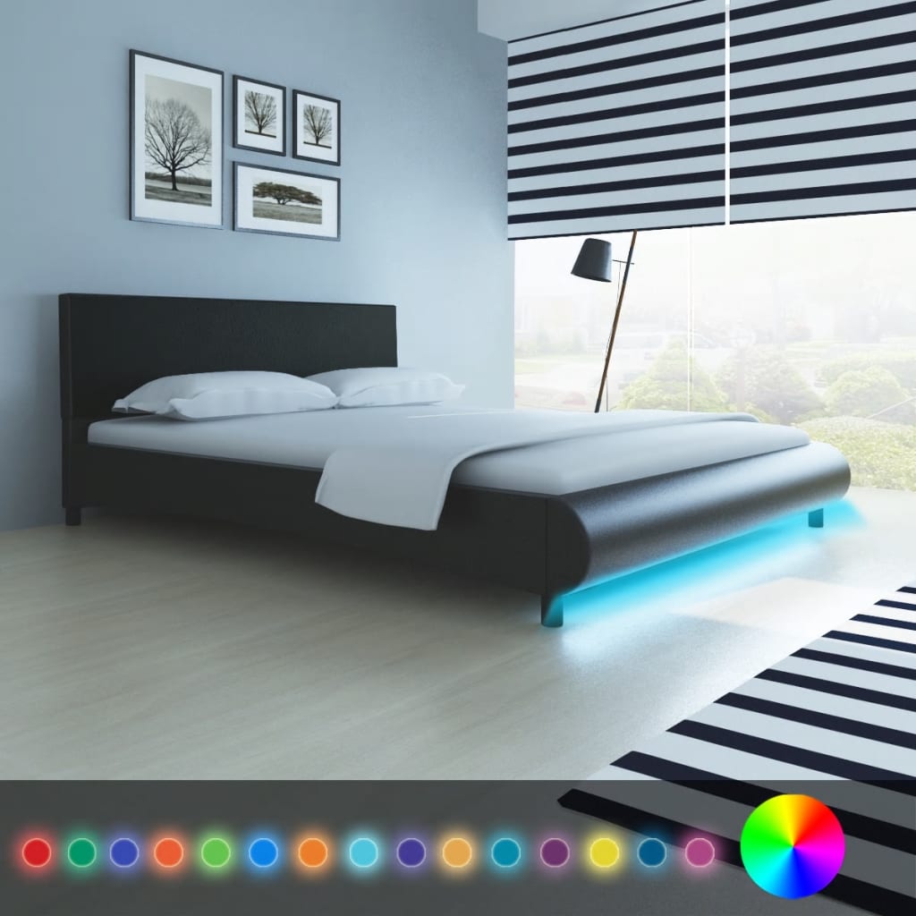 vidaXL Sängynrunko LED-valolla musta keinonahka 150x200 cm