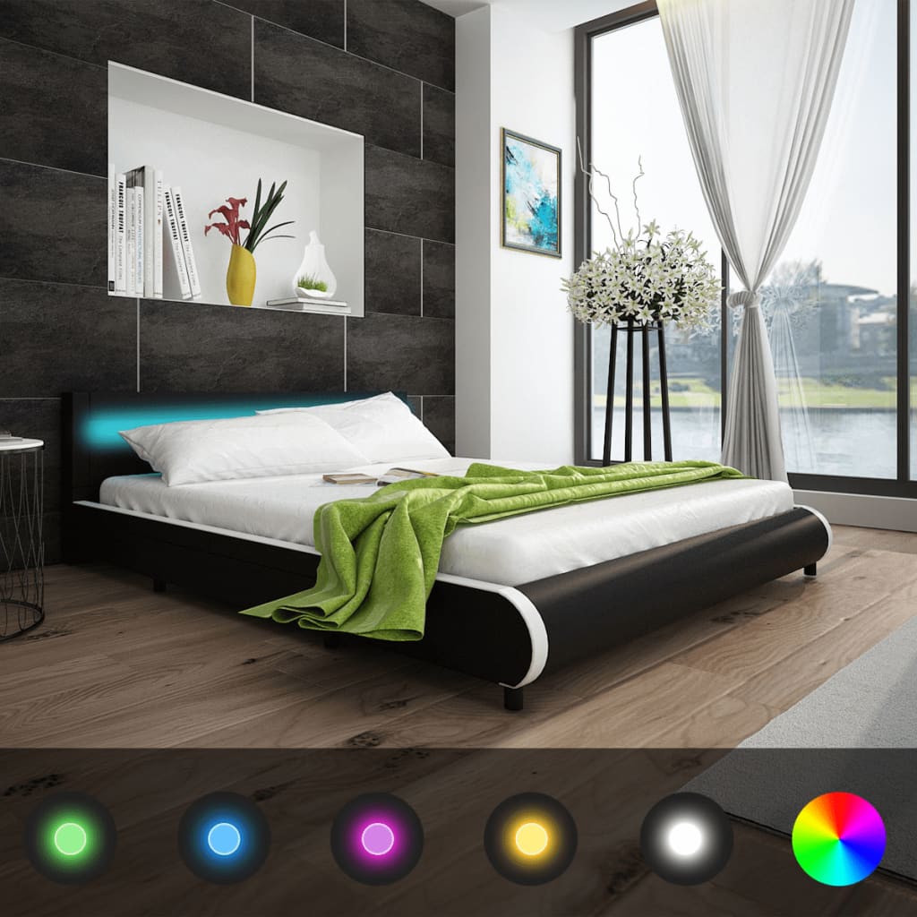 vidaXL Bed Frame with Drawers LED Black Faux Leather 150x200 cm 5FT King Size